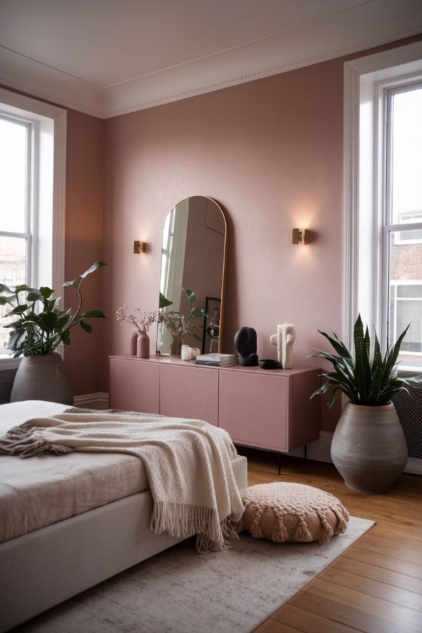 Stylish room featuring soft pink and earthy-toned decor elements.