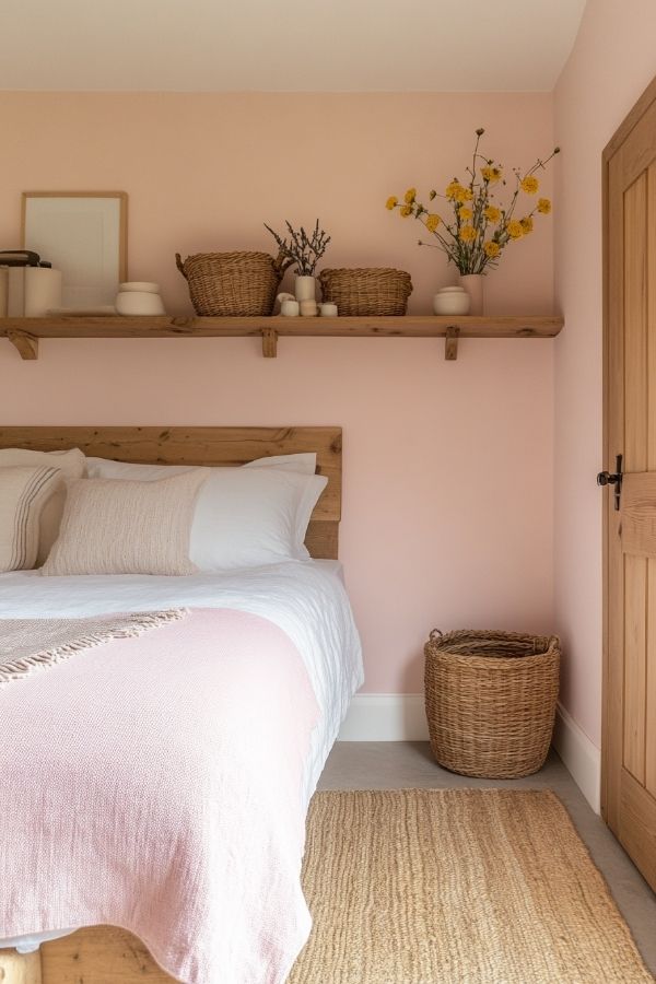 Gentle pastel pink accents highlight rustic, simple charm and warmth.