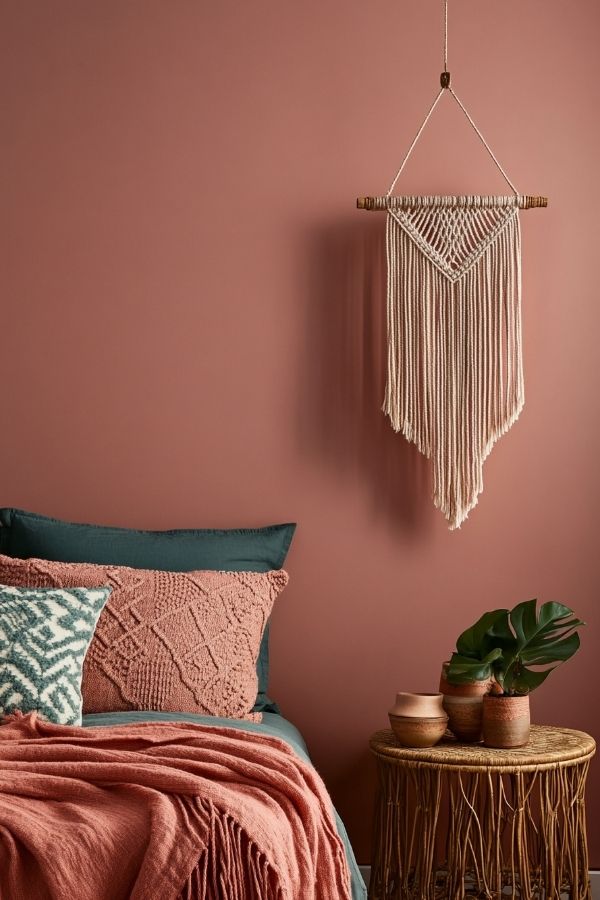 A cozy bohemian room featuring macrame wall hangings and decor.