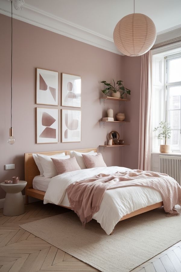 Minimalist Scandinavian decor in soft blush and clean white tones.