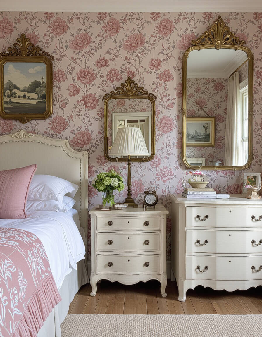Dusty rose vintage bedroom featuring floral wallpaper, antique white dresser and brass mirrors creating perfect pastel bedroom inspiration