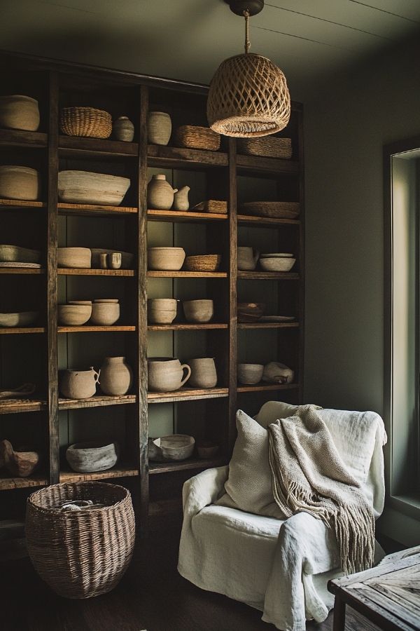 Earthy living room with natural textures, warm tones, and greenery accents.