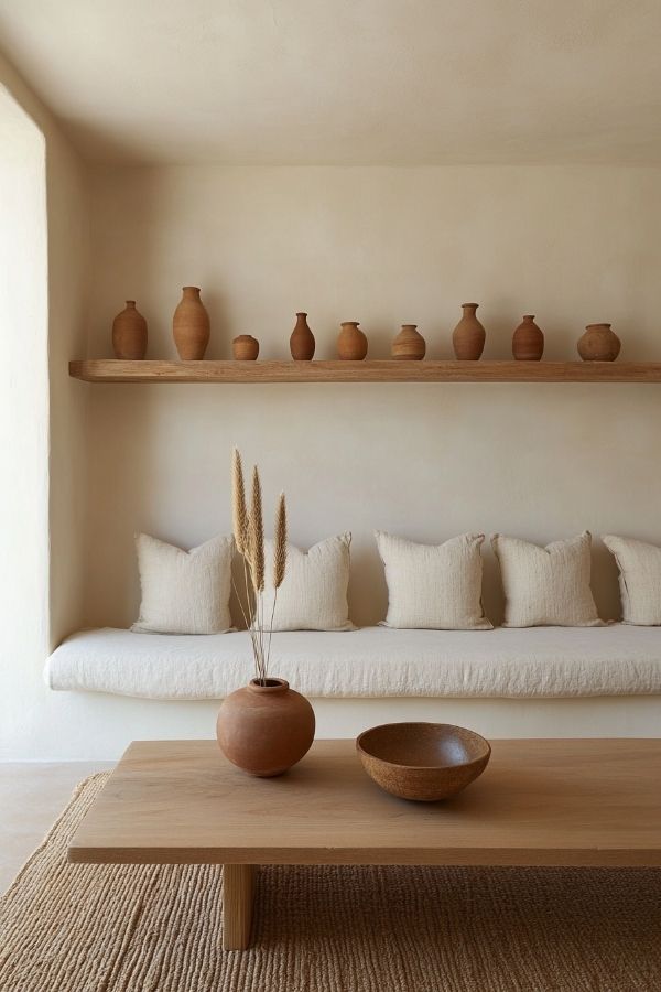 earthy living room with warm tones, textured rugs, and wooden accents.