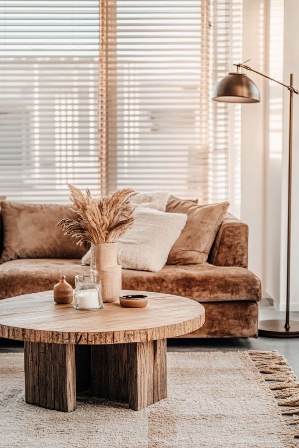 Earthy living room with warm wooden accents and green plants.