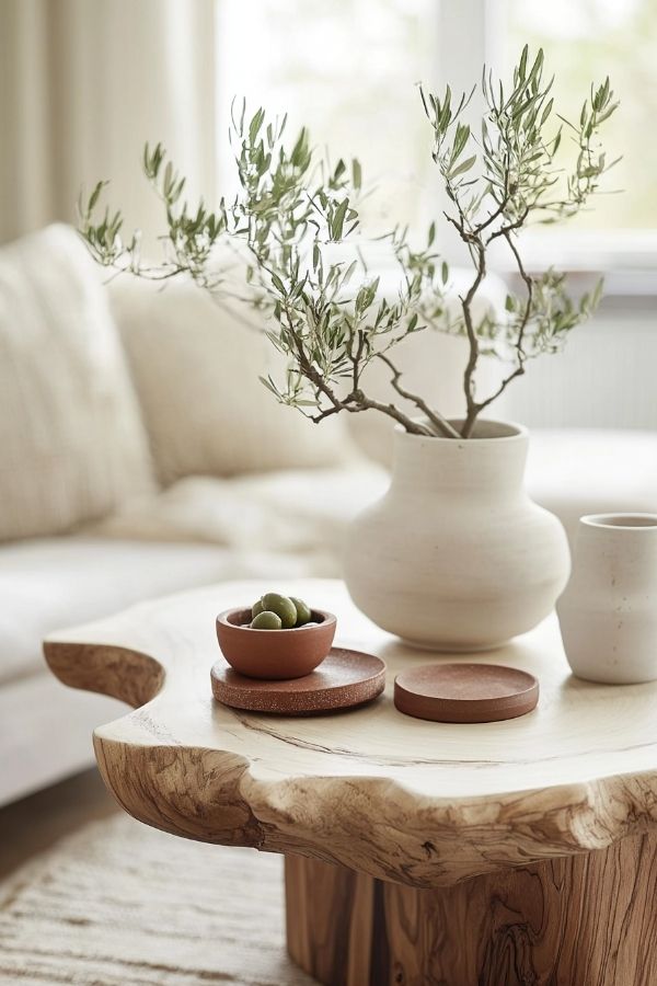 Earthy living room with wooden furniture, green plants, and soft lighting.