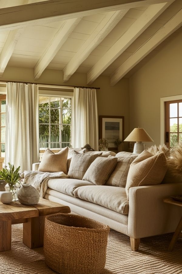 Earthy living room with warm tones, wooden furniture, and plants.