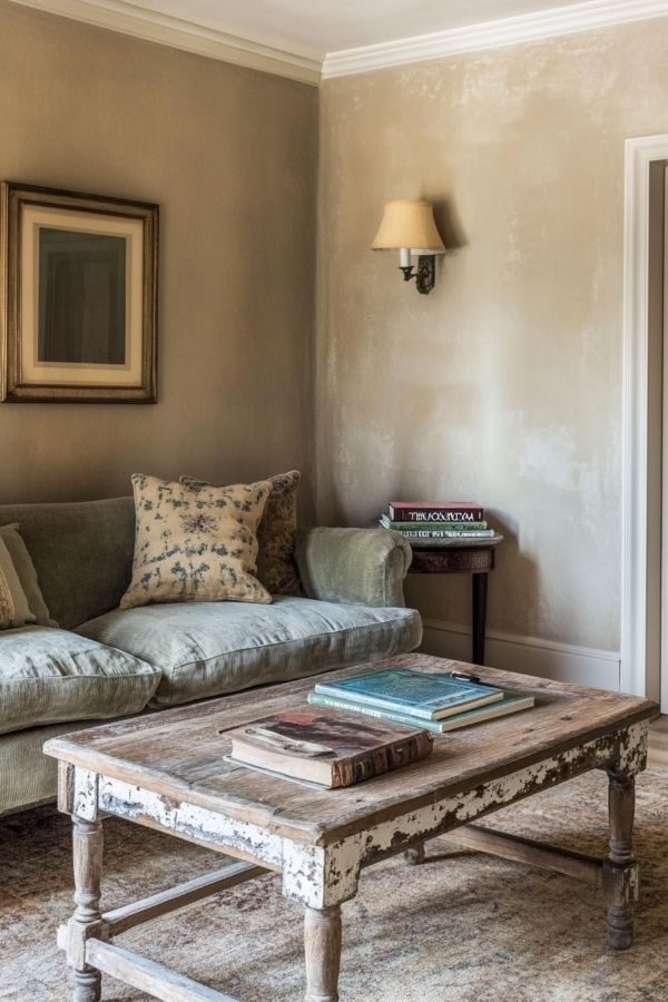 Earthy living room with natural wood, green plants, cozy textiles, warm tones.