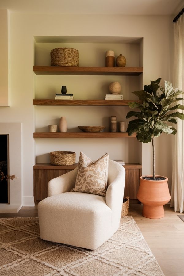 earthy living room with wooden furniture, potted plants, and muted tones.