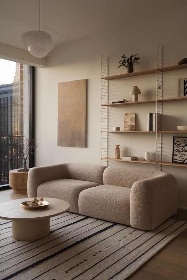 Earthy living room featuring natural wood tones and lush greenery accents.