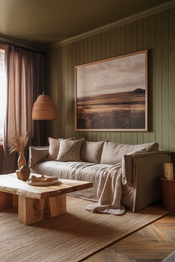 Earthy living room with brown sofa, wooden coffee table, and plants.