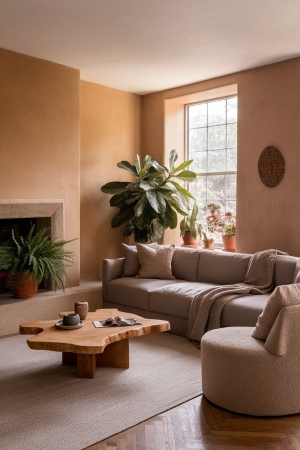 Earthy living room with natural tones, wooden furniture, and green plants.