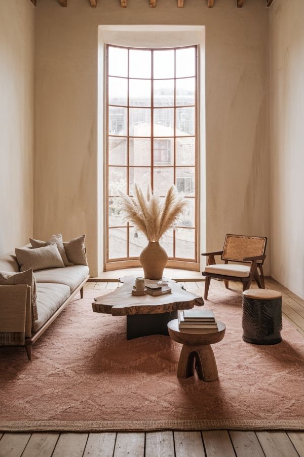 Earthy living room with natural wood accents and muted tones.