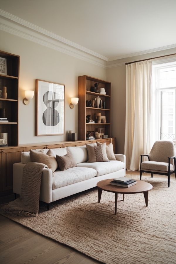 Earthy living room with warm tones, wooden accents, and natural textures.