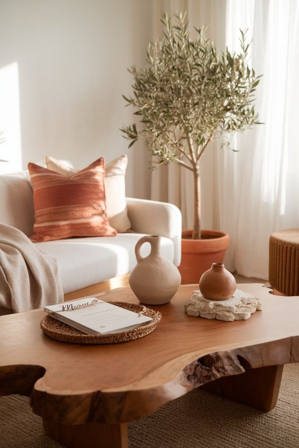 Earthy living room with warm tones and natural wooden accents.