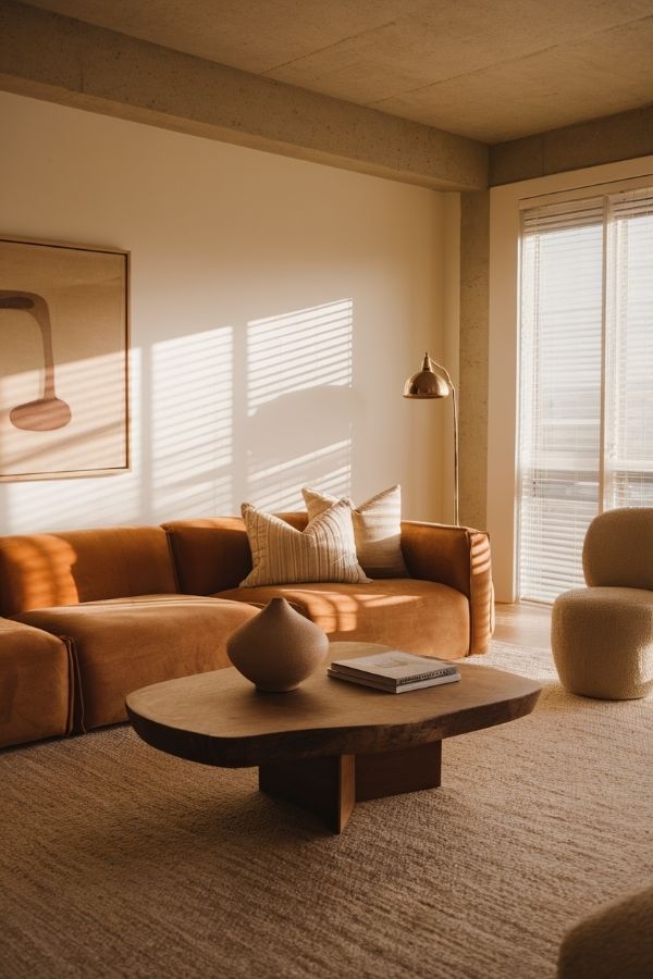 Earthy living room with warm tones, wooden furniture, soft textiles.