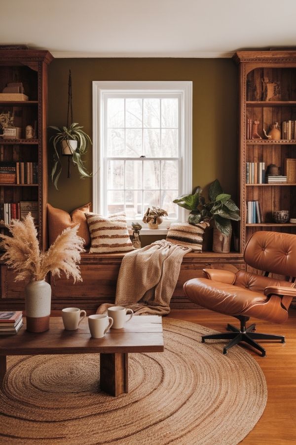 Earthy living room with wooden furniture, lush plants, and warm lighting.