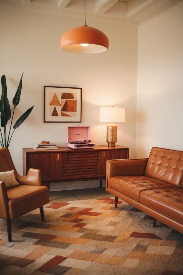 Earthy living room with warm tones, rustic decor, and natural textures.