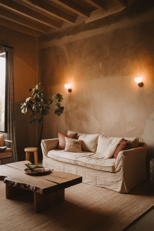 Earthy living room with warm tones, natural textures, and greenery.