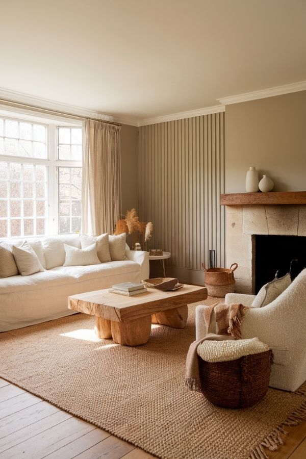 Earthy living room with natural tones, wooden furniture, and cozy accents.