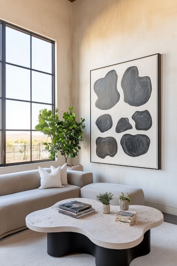 earthy living room with warm tones, natural textures, and houseplants.