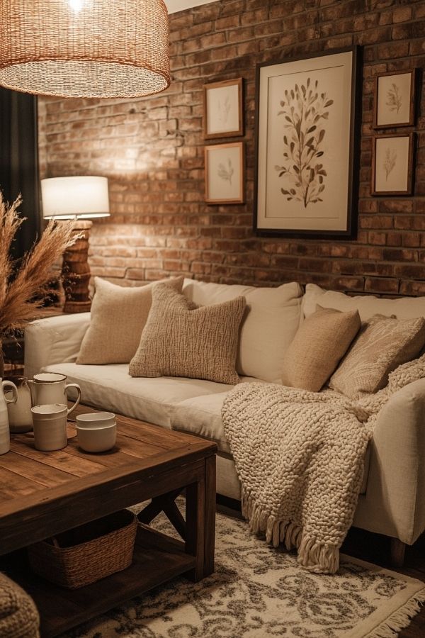 Earthy living room with wooden furniture, green plants, and cozy ambiance.