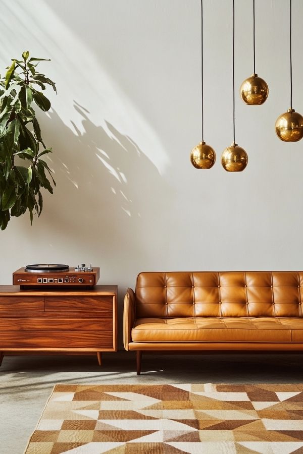 Earthy living room with wooden furniture, green plants, soft lighting.