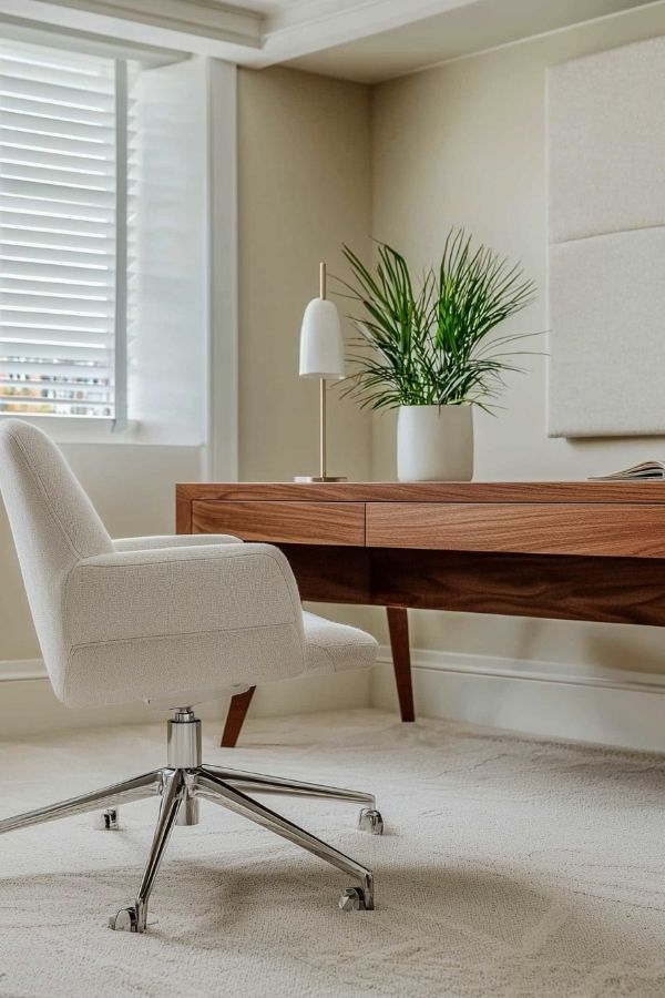 Sleek wooden desk in minimalist workspace with stylish decor elements.