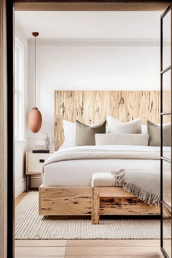 Cozy bedroom featuring natural wood accents and soft, warm lighting.