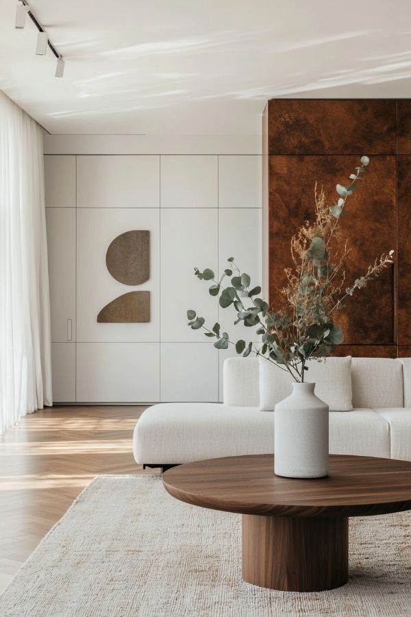 Modern living room featuring natural textures, wooden accents, and greenery.