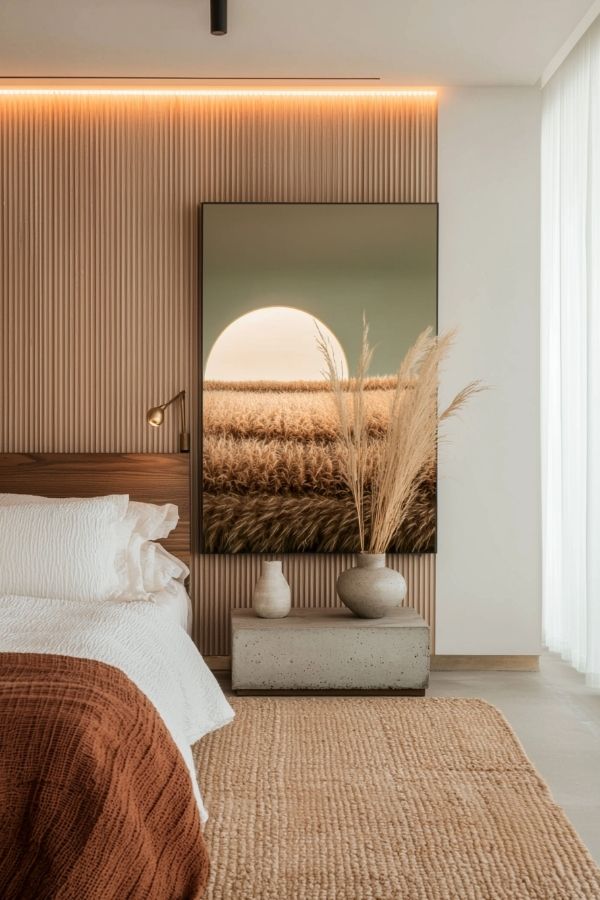 Cozy bedroom featuring nature-inspired artwork, warm tones, inviting atmosphere.