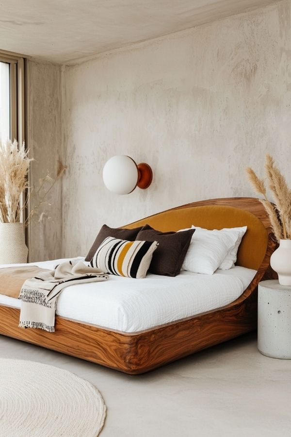 Wooden bed frame with cozy linens, natural fibers, and earthy tones.