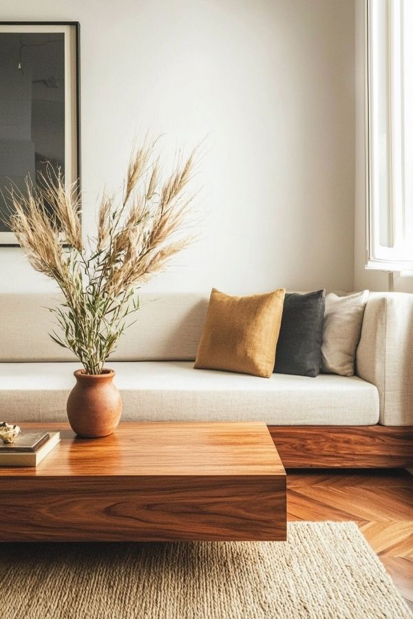 A wooden coffee table adorned with dried plants in vases.