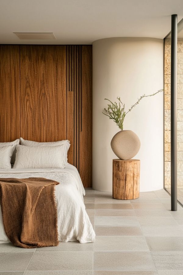 Minimalist bedroom featuring wooden accents, neutral tones, and simple decor.