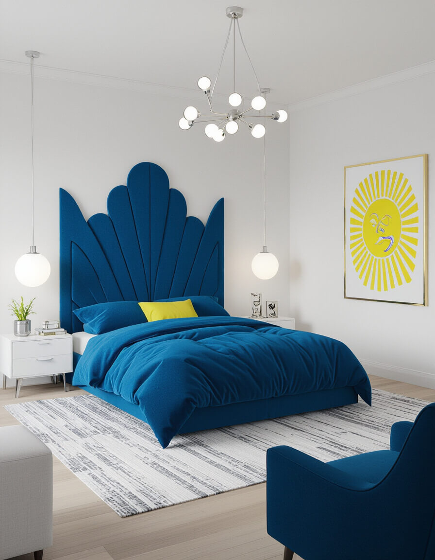 Electric blue bedding and pillows create vibrant focal point in contemporary bedroom with white walls and yellow artwork for colorful bedroom inspiration