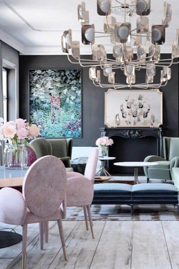 Artistic chandelier enhances elegant living room ideas, creating a luxurious atmosphere.