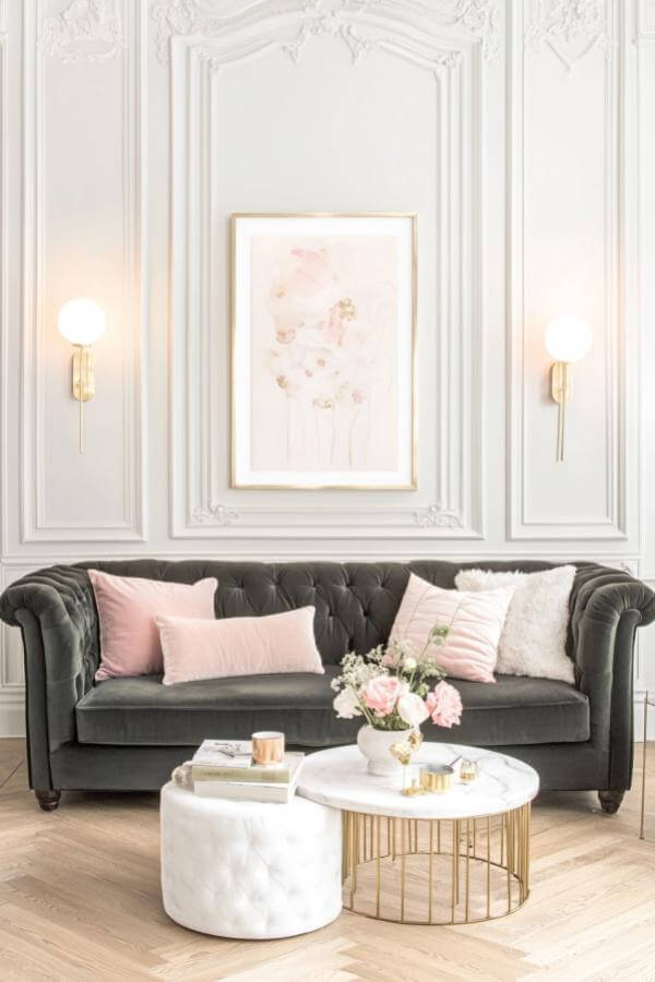 Elegant living room ideas with velvet sophistication and blush serenity.