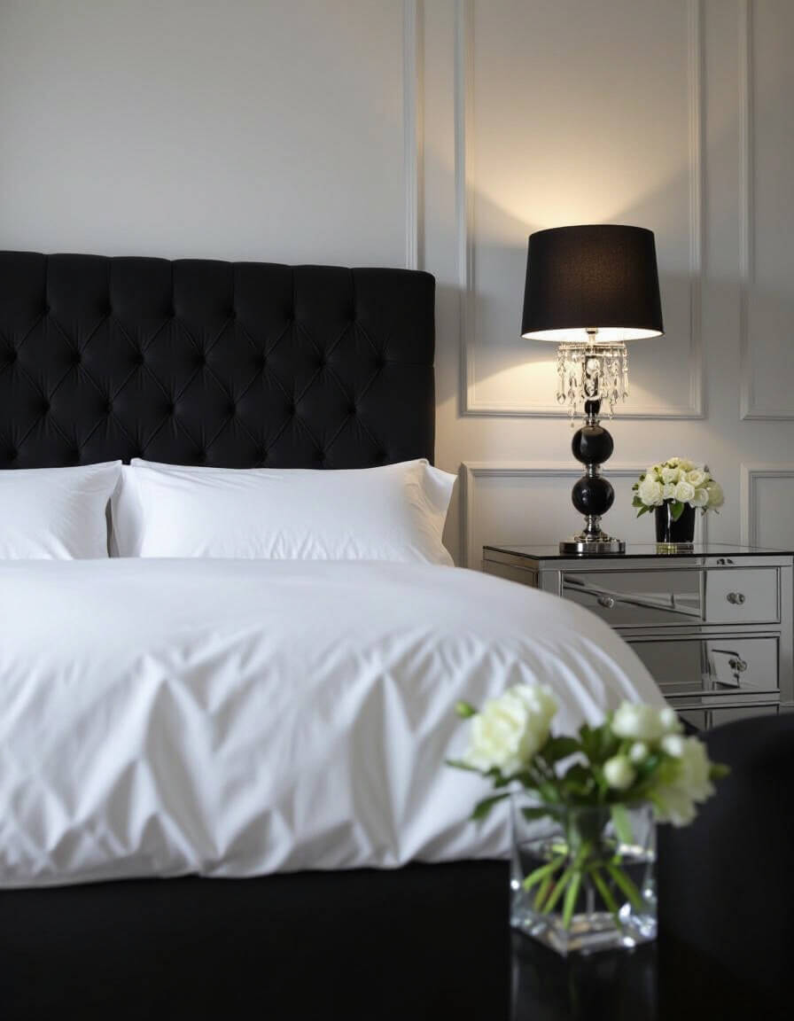 Elegant black tufted headboard against white bedroom walls with crystal lamp creating sophisticated monochrome design