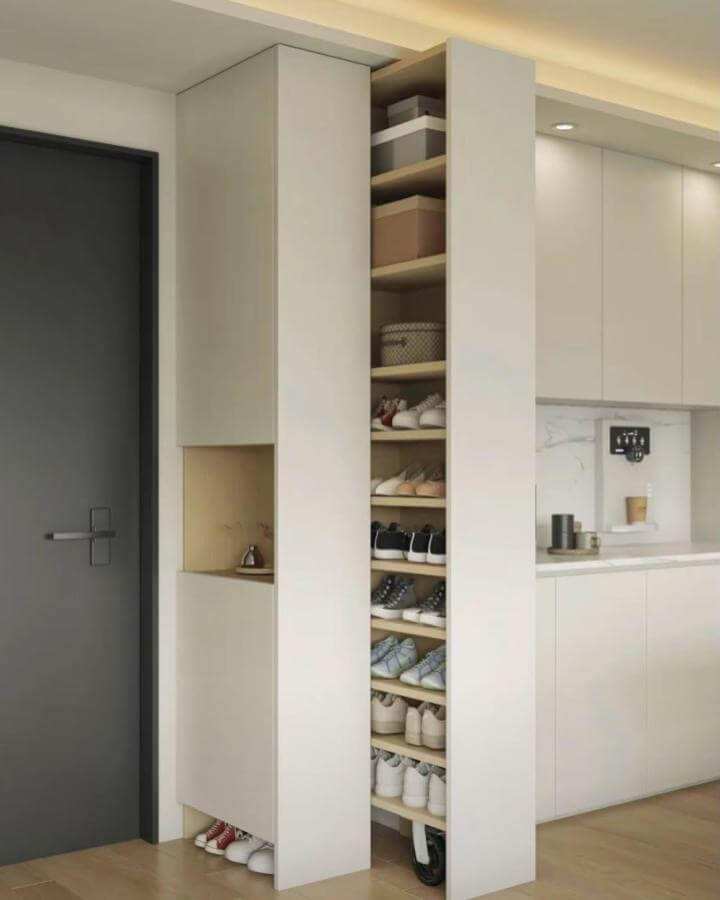 White matte sliding shoe cabinet in entryway with natural wood shelves by @tiffany_design_studio. Slim hidden storage idea for shoes.