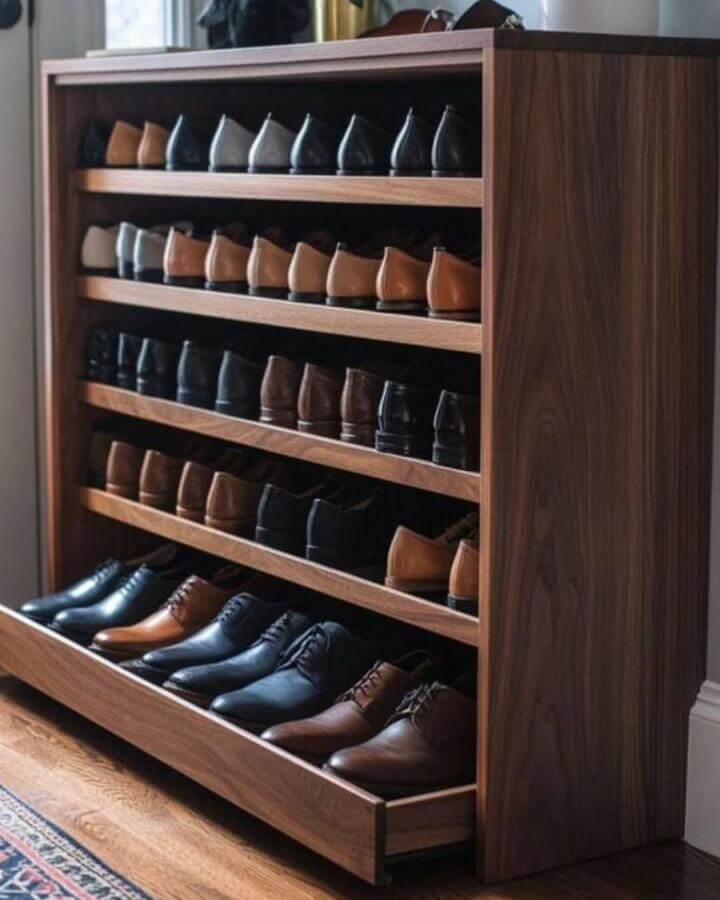 Meru oak wood shoe cabinet with open shelves from @primedecorfurnitures organized in an entryway for stylish footwear storage.