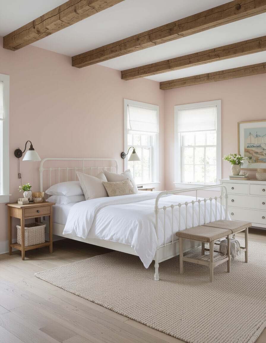 Rustic wooden ceiling beams complement white iron bed frame against soft pink farmhouse bedroom walls creating cozy rural charm