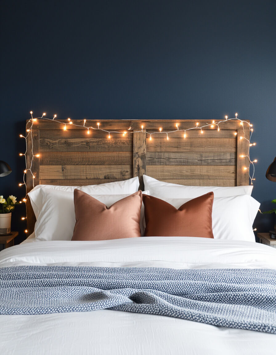 Warm copper fairy lights wrapped around rustic wooden headboard create romantic ambiance in navy bedroom with silk pillows