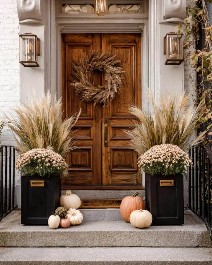Elegant wheat wreath on wooden door with black planters, pampas grass, and autumn pumpkins.