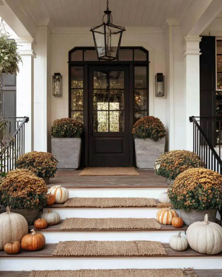 White and orange pumpkins scattered on porch steps with bronze mums in concrete planters flanking black front door.