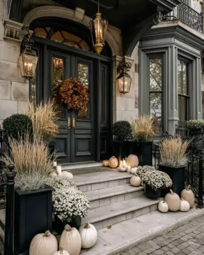 Elegant brass lanterns illuminate stone steps showcasing fall front porch decor ideas with cream pumpkins and autumn mums.
