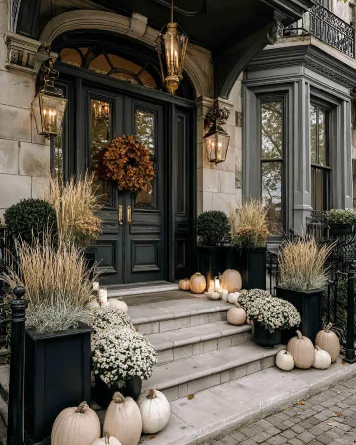 Elegant brass lanterns illuminate stone steps showcasing fall front porch decor ideas with cream pumpkins and autumn mums.
