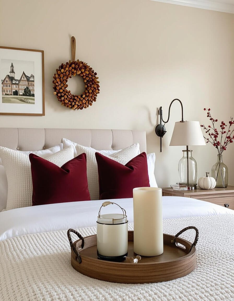 Cozy bedroom with cream walls featuring burgundy pillows, fall scented candles and diffusers creating romantic autumn ambiance