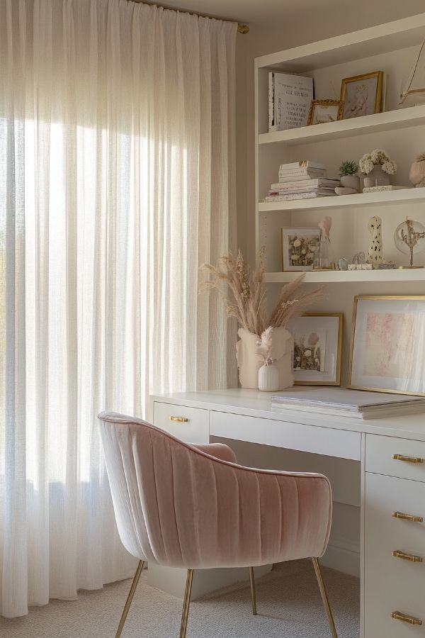 Feminine home office with floral decor, pastel tones, and elegant furnishings.