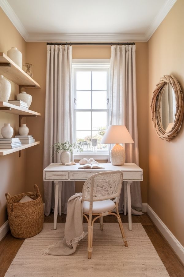 Feminine home office featuring pastel decor, elegant furniture, and cozy ambiance.