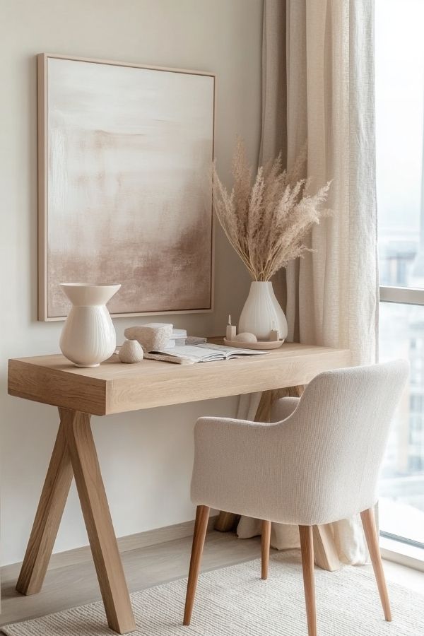 Feminine home office with pink accents, cozy seating, and floral decor.