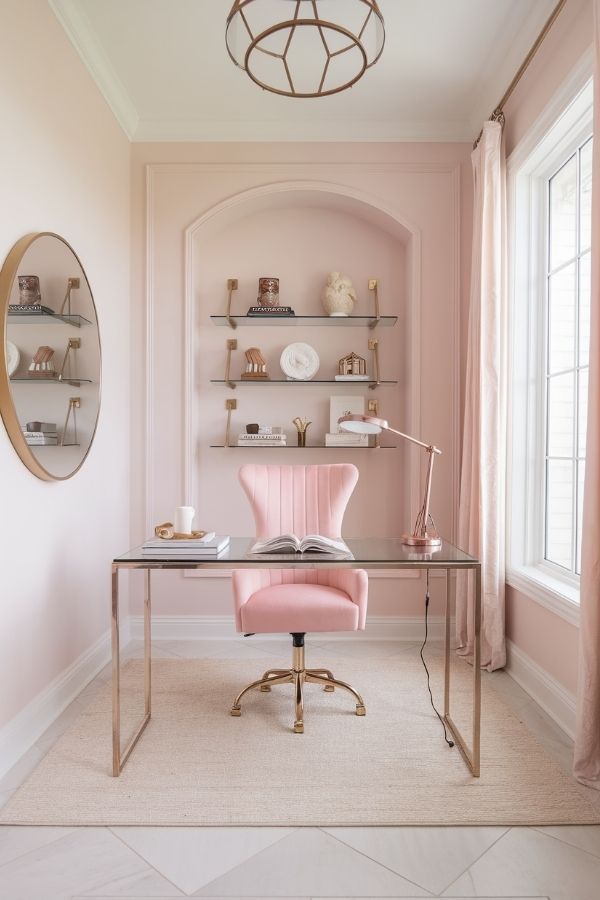 Feminine home office with pastel decor, cozy seating, floral accents.